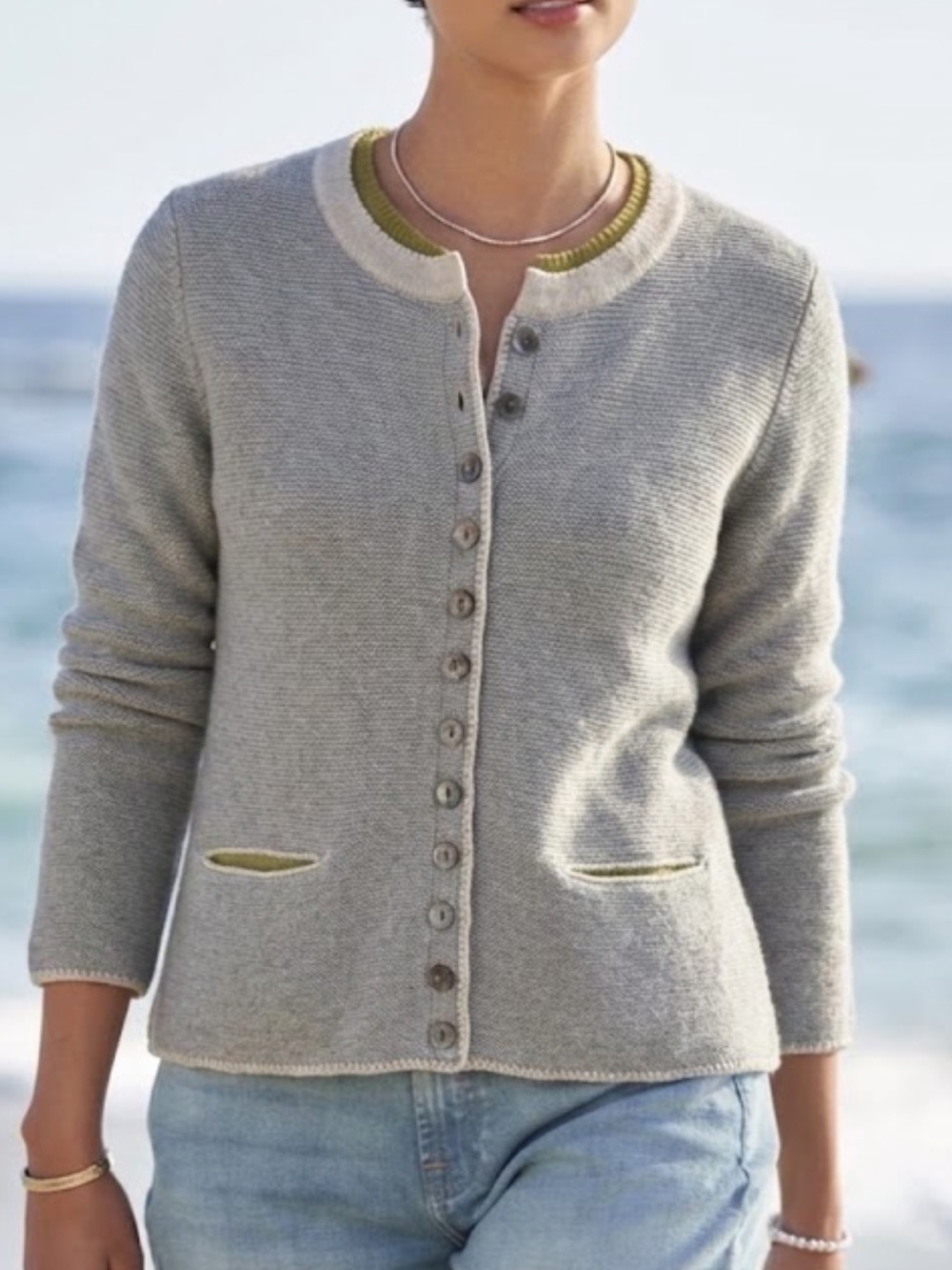 Sundance Tulla 100% Merino Wool Cardigan Womens L Gray Button Up Round Neck